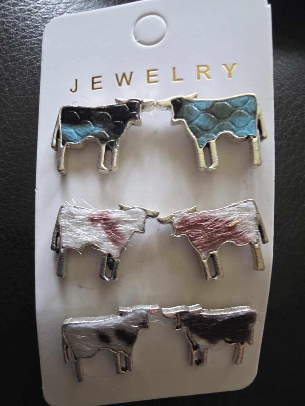 Cow Hair-Inlay Cowhide Charm (3) Pair Earrings